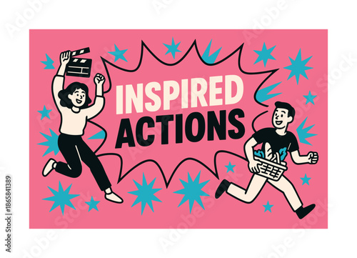 Energetic Actions Display. Inspired actions banner, flat vector illustration, bold oversized text inside splash explosion banner, cartoon characters jumping