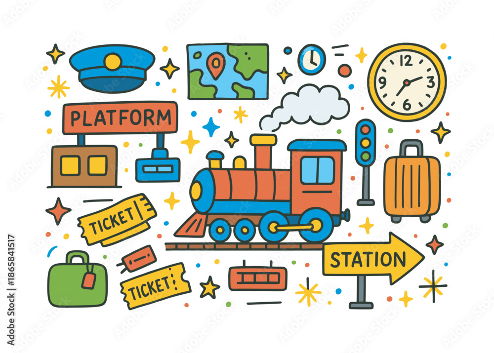 Naklejka premium Colorful Train Station Doodles. Train Station. Colorful Hand-drawn doodle Children illustration Train Station train engine, platform, conductor hat, tracks,