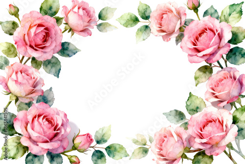 Watercolor Pink Roses Frame with Green Leaves