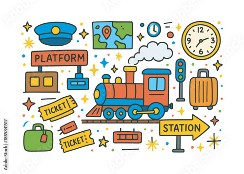 Colorful Train Station Doodles. Train Station. Colorful Hand-drawn doodle Children illustration Train Station train engine, platform, conductor hat, tracks,