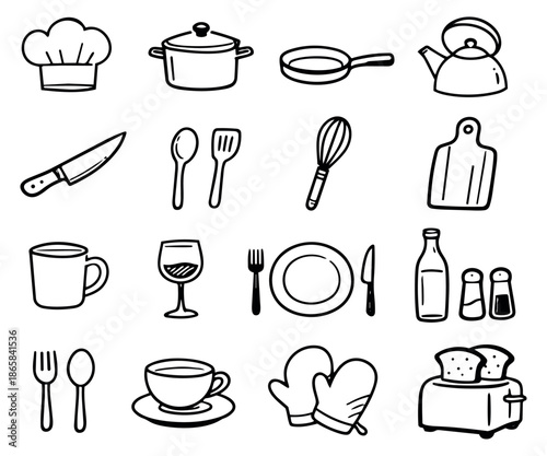 Hand drawn line art kitchen and dining set featuring cooking utensils, tableware, and appliances for home kitchen use