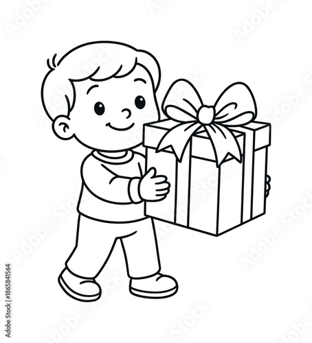 Gift Box Coloring. Luxury presents children?s coloring book illustration, outlined drawing, child holding a large gift box with a big fancy bow, educational