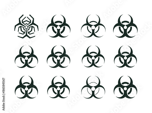 Biohazard Logo Variations. Dangerous. Icon set. Set Logo of Dangerous: biohazard emblem. harmonious logo variations of the same emblematic concept, each with