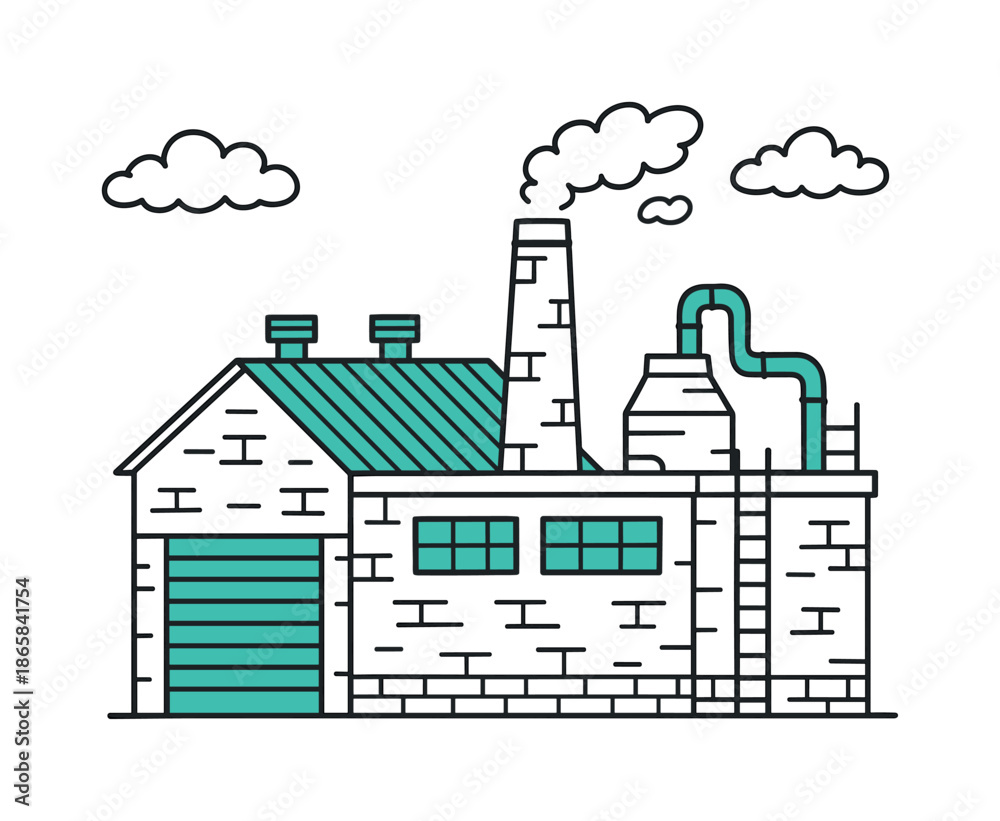 Obraz premium Factory Exterior Doodle. Factory Building Exterior. Hand-drawn doodle illustration Factory Building Exterior large warehouse (accented #1fa391), smokestack,