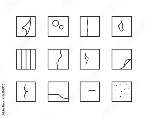 Wallpaper Icon Collection. Wallpaper issues. Line icon set of wallpaper issues: peeling corner, bubbling wallpaper, seam lift, color fading, torn section,