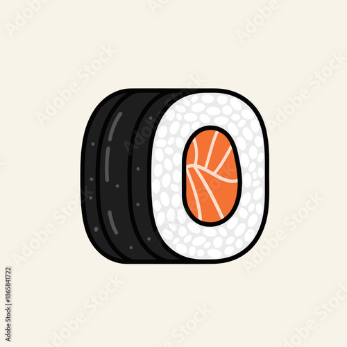 Simple cartoon illustration of a single salmon maki sushi roll on a light background, showcasing Japanese cuisine.