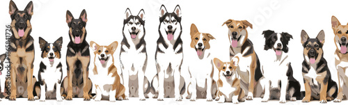 Large group of diverse domestic dog breeds including German Shepherd Siberian Husky and Corgi sitting together for canine training and animal friendship concept.