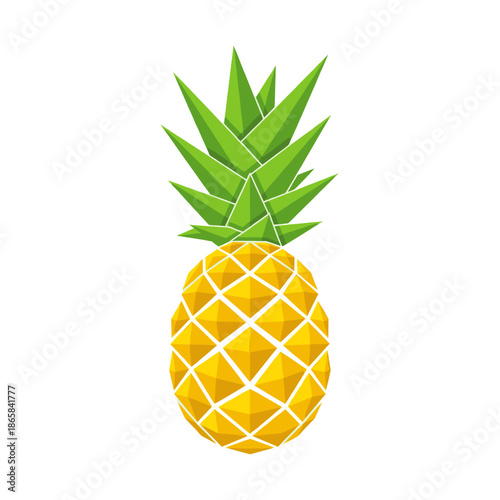 A stylized, geometric illustration of a whole pineapple with a yellow body and green spiky leaves on a white background.