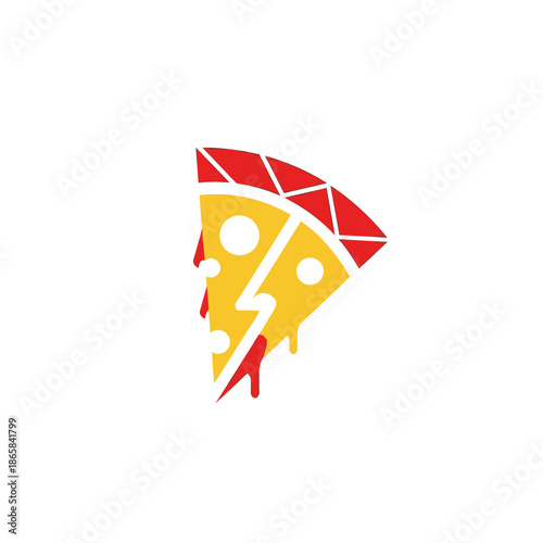 Modern vector illustration of a pizza slice featuring a lightning bolt and dripping cheese, symbolizing fast food or quick delivery.