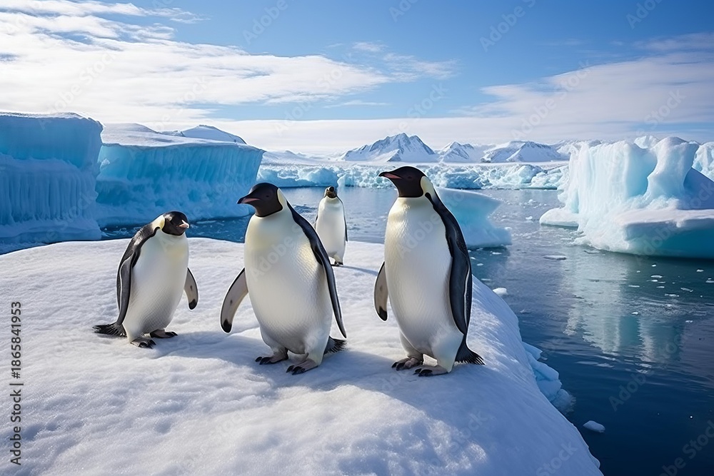 Obraz premium Emperor penguins standing on an ice floe surrounded by the icy waters and icebergs of antarctica