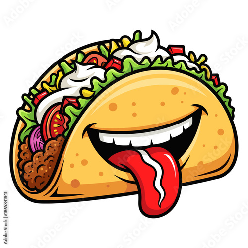 A cartoon taco character with a wide, happy smile and its tongue sticking out, filled with meat, lettuce, tomatoes, and sour cream.