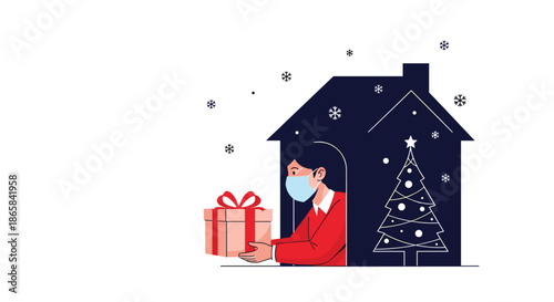Person wearing a face mask delivers a holiday gift while staying safe at home during the winter season with a Christmas tree inside.