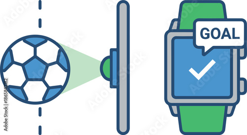Goal-line technology concept illustrating a soccer ball crossing the line and a sensor triggering a smartwatch goal notification, vector illustration.