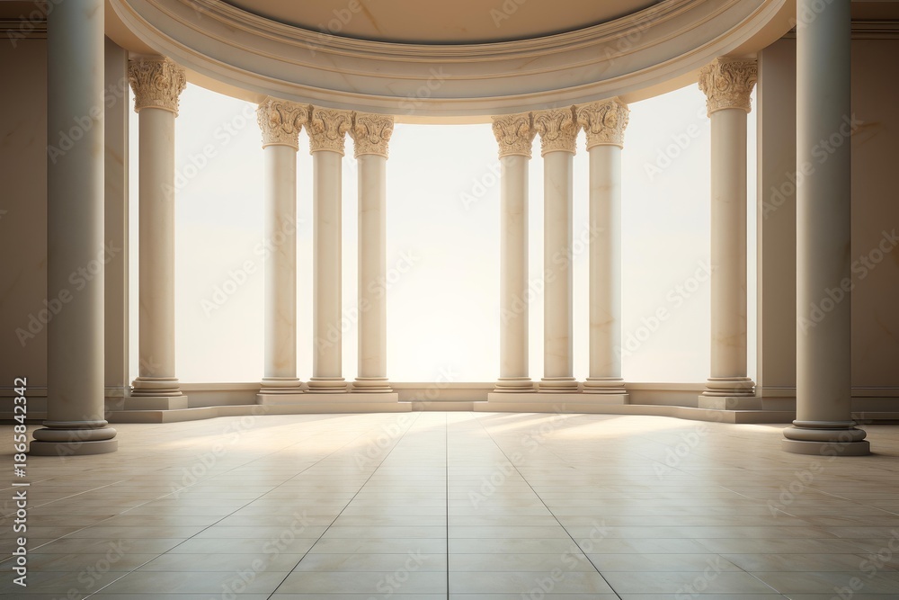 Obraz premium Bright light filling an elegant classical colonnade with ornamental columns and marble flooring
