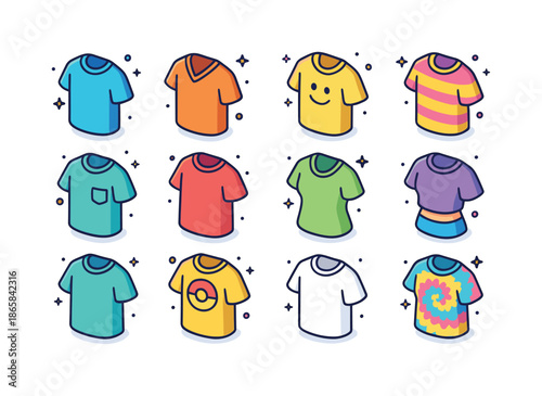 Colorful T-shirt Icons. Casual T-shirts. Colorful isometric vector icons set of casual T-shirts: crew neck tee, V-neck tee, graphic tee, striped tee, pocket
