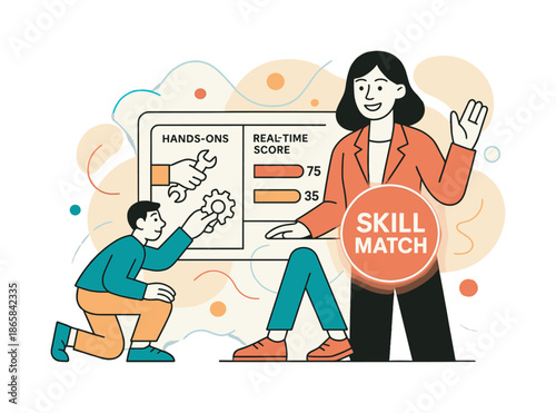 Digital Hiring Dashboard. Future of hiring. A digital dashboard compares hands-on tasks and real-time scores while a recruiter smiles behind a glowing ?Skill