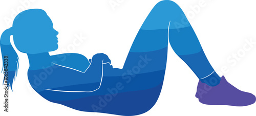 Fitness woman doing abdominal workout sit up exercise silhouette illustration for health training, gym, sports activity and active lifestyle design