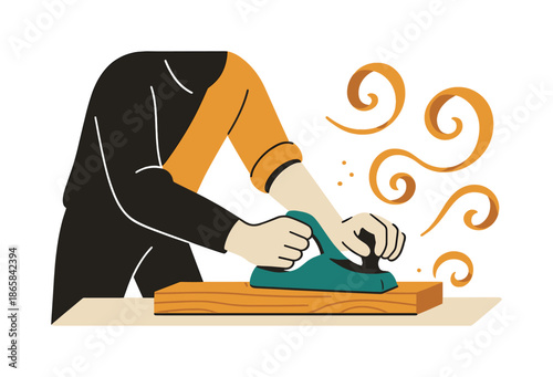 Woodworking Craftsmanship Scene. Woodworking DIY. A person smooths a wooden plank as curled shavings drift like ribbons. Warm shapes highlight hands-on