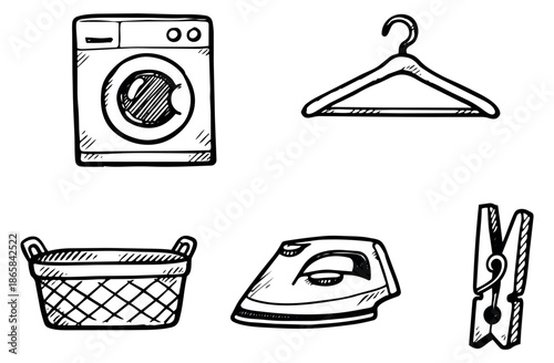 Hand drawn line art laundry items set featuring a washing machine, hanger, laundry basket, iron, and clothespin for household chores