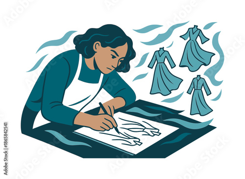 Fashion Designer Sketch. A fashion designer sketching new clothing designs for a runway show. A focused designer leans over a sketchpad, bold lines and flowing