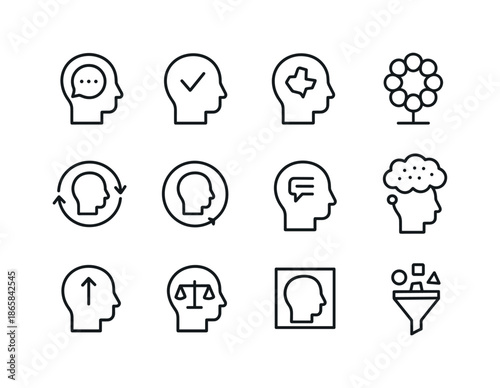 Thought Pattern Icons. Thought Patterns. Line icon set of Thought Patterns: automatic thought, rational thought, distorted thinking, cognitive bias, negative