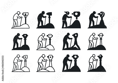 Senior Adventure Icons. Adventure tours for senior travelers. Icon set. Set Logo of adventure tours for senior travelers: scenic viewpoint binocular stand.