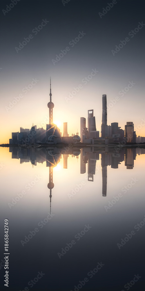 Naklejka premium Shanghai Skyline Dawn with Golden Light and Reflection in Calm Waters