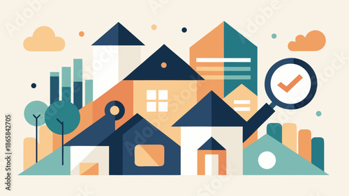 Modern real estate concept with abstract houses, magnifying glass, and checkmark in flat design