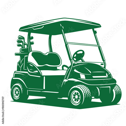 Green golf cart with roof and golf clubs on back isolated on white background