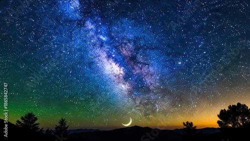 Milky way galaxy on a clear night sky with a crescent moon