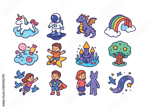 Children's Dreamland Icons. Children?s dreams. Colorful isometric vector icons set of children?s dreams: floating unicorn, space explorer, friendly dragon,