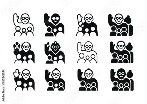Grandparents Sports Icon Set. Grandparents attending kids' sports games. Icon set. Set Logo of Grandparents attending kids' sports games: waving