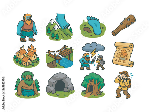 Tales of Giants Icons. Tales of Giants. Colorful isometric vector icons set of Tales of Giants: towering giant, mountain stride, giant footprint, village in