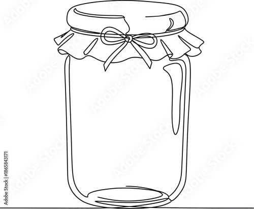 Glass jar with a lid. Graphic illustration. lid. Graphic vector illustration. Line drawing illustration of a glass jar with a fabric lid tied with a bow. 