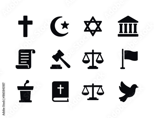 Religious Icons in Government. Religious symbols in government. Solid icon set of religious symbols in government: cross, crescent, star of David, temple, law
