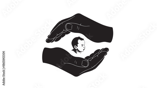 Human Head Silhouette in Cupped Hands with Minimalist Design in Black and White Illustration for Mental Health Awareness