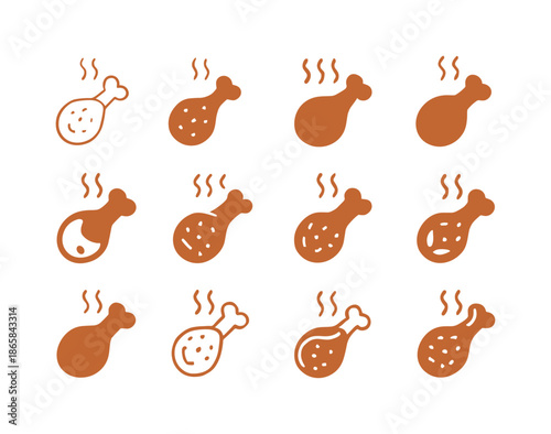Crispy Chicken Logo Set. Crispy fried chicken. Icon set. Set Logo of Crispy fried chicken: drumstick with steam and crispy pattern. harmonious logo variations