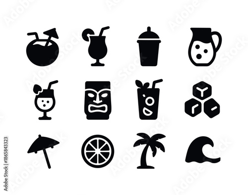 Vacation Drink Icons. Vacation drinks. Solid icon set of vacation drinks: coconut drink, tropical cocktail, smoothie, lemonade, fruit spritzer, tiki mug,