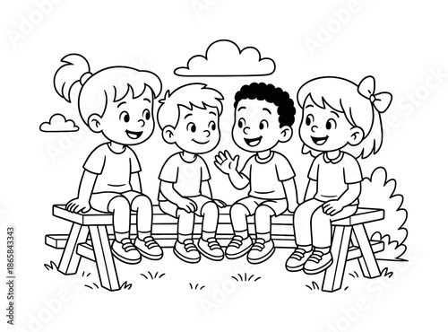 Kids Chatting Bench. Kids resting on picnic bench children?s coloring book illustration, outlined drawing, cartoon children sitting and chatting on a bench