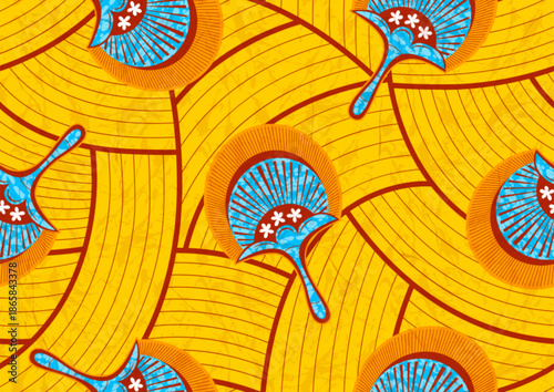 Traditional African Wax Print Ankara Cotton Fabric, Seamless Abstract Floral Pattern, Yellow Curve Background, Suitable for Clothing, Textile Art, Not Created with AI.