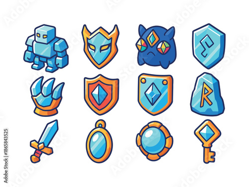 Mirror Guardian Icons. Mirror guardians. Colorful isometric vector icons set of Mirror guardians: reflective golem, glass sentinel mask, prism-eyed creature,