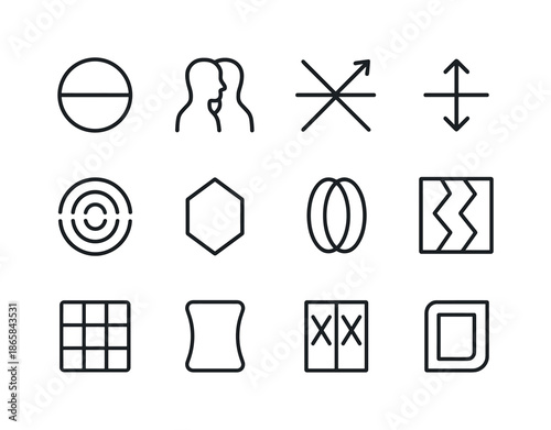 Reflections and Illusions Icons. Reflections and illusions. Line icon set of Reflections and illusions: reflection circle, dual silhouette, light bounce,