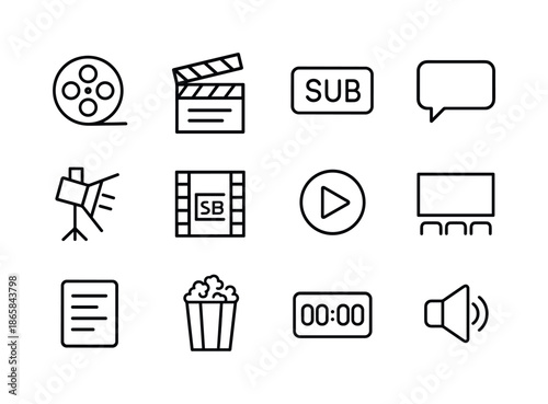 Movie Subtitle Icons. Movie subtitles. Line icon set of movie subtitles: film reel, clapperboard, subtitle strip, dialogue bubble, spotlight icon, film frame,