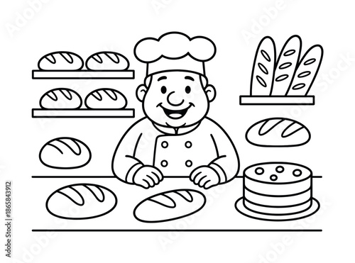 Baker Coloring Page. Bakery owner behind counter children?s coloring book illustration, outlined drawing, friendly baker with a chef hat behind a counter