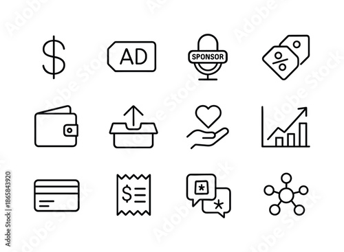 Podcast Monetization Icons. The rise of podcasts and their cultural impact ? Monetization & Sponsorship. Line icon set of The rise of podcasts and their