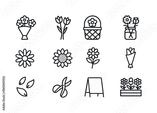 Flower Stalls Icons. Flower stalls. Line icon set of Flower stalls: flower bouquet, stem bunch, flower basket, mason jar vase, daisy icon, sunflower icon,