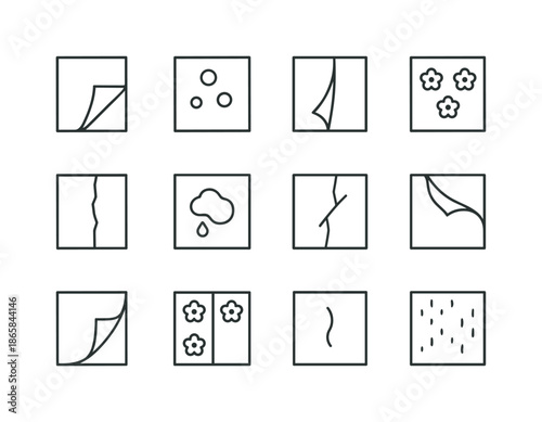 Wallpaper Icon Collection. Wallpaper issues. Line icon set of wallpaper issues: peeling corner, bubbling wallpaper, seam lift, color fading, torn section,