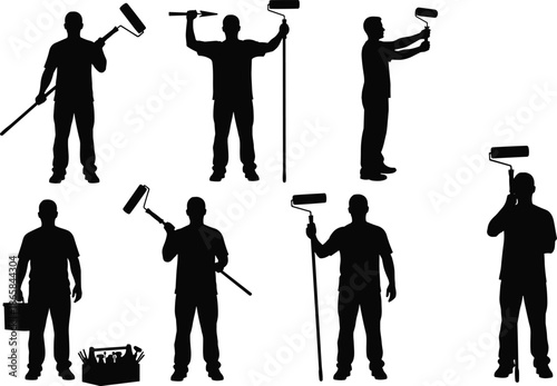 Silhouettes of painters holding rollers, buckets, and extension poles in various poses, representing painting work, renovation, construction, and home improvement tasks