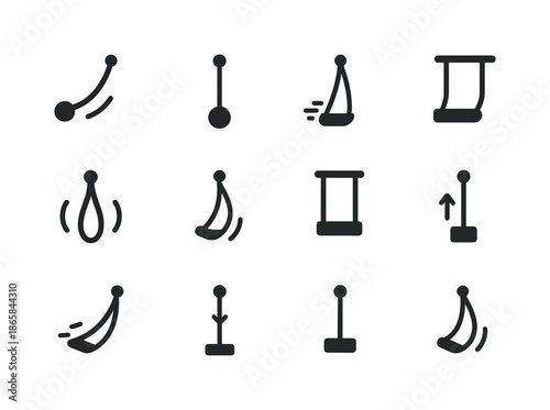 Suspended Motion Icons. Suspended motion. Solid icon set of suspended motion: swinging arc, pendulum symbol, hanging icon, movement lines, swing motion trail,