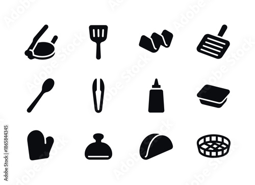 Taco Tools Icons. Taco tools. Solid icon set of Taco tools: tortilla press, spatula, taco holder, grilling pan, serving spoon, tongs, condiment bottle, food